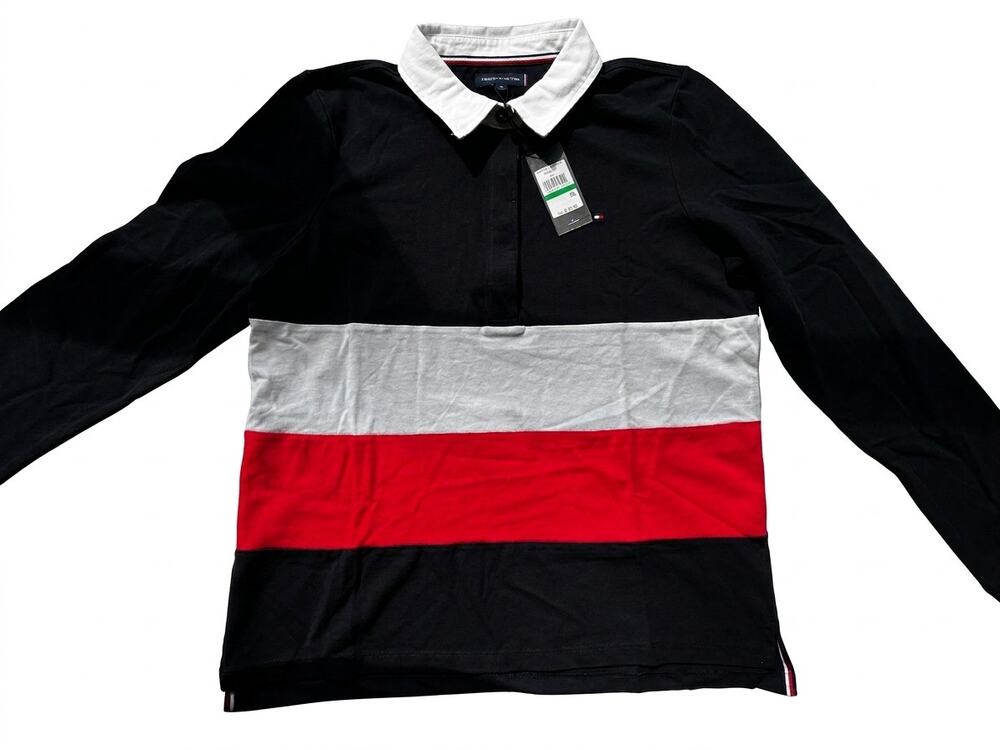 NWT Tommy Hilfiger Rugby Polo Big Boys L Colorblock LongSleeve Flag Stripe Black